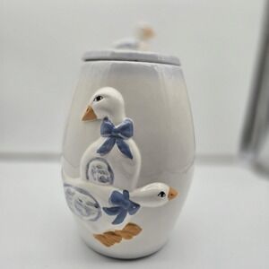 Vintage Ceramic White Blue DuckGoose Bow Storage Canisters Cottage Kitchen Deco